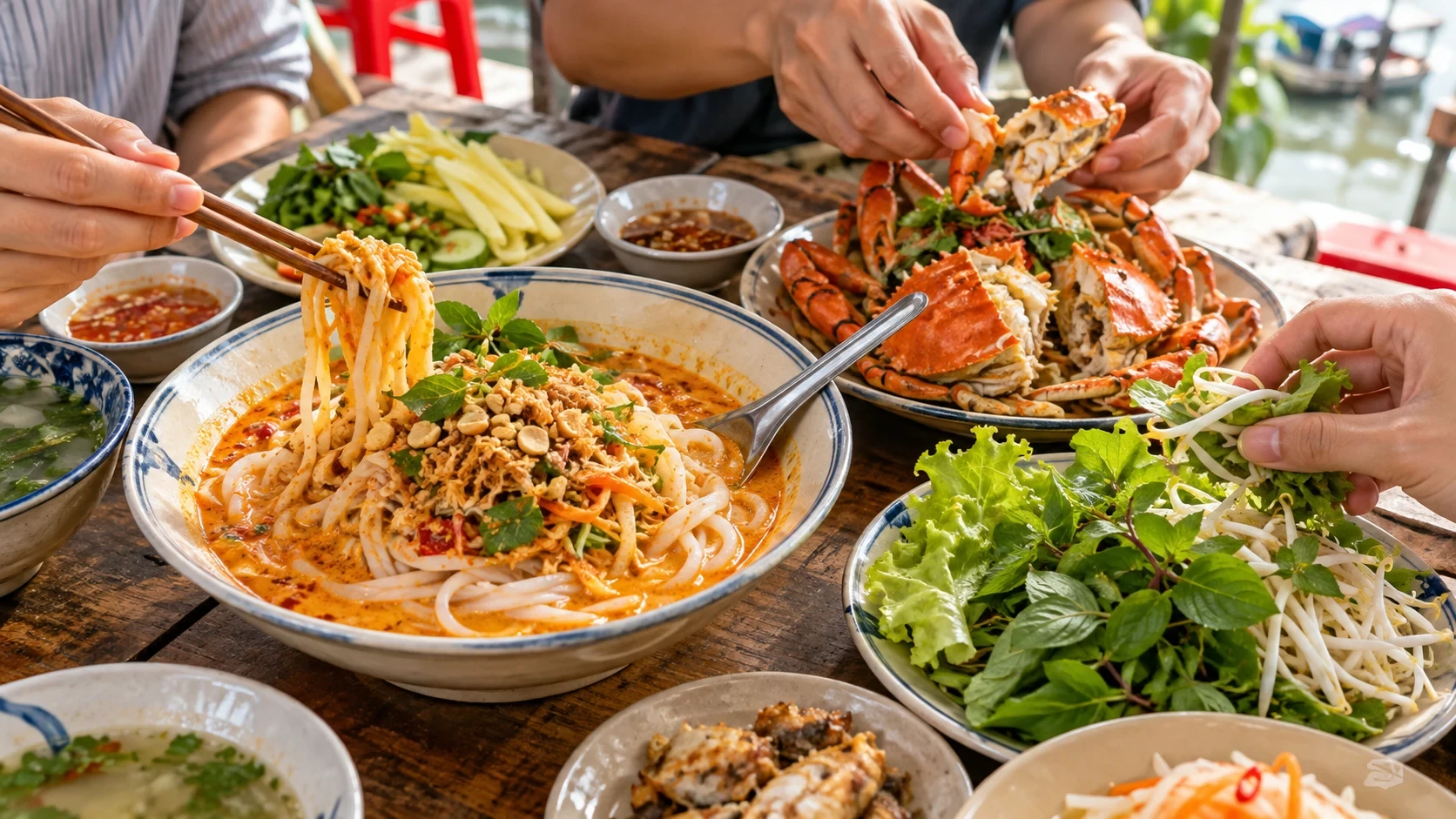 Bàn ăn miền Tây có bánh tằm cay, cua, rau thơm và các món dùng chung