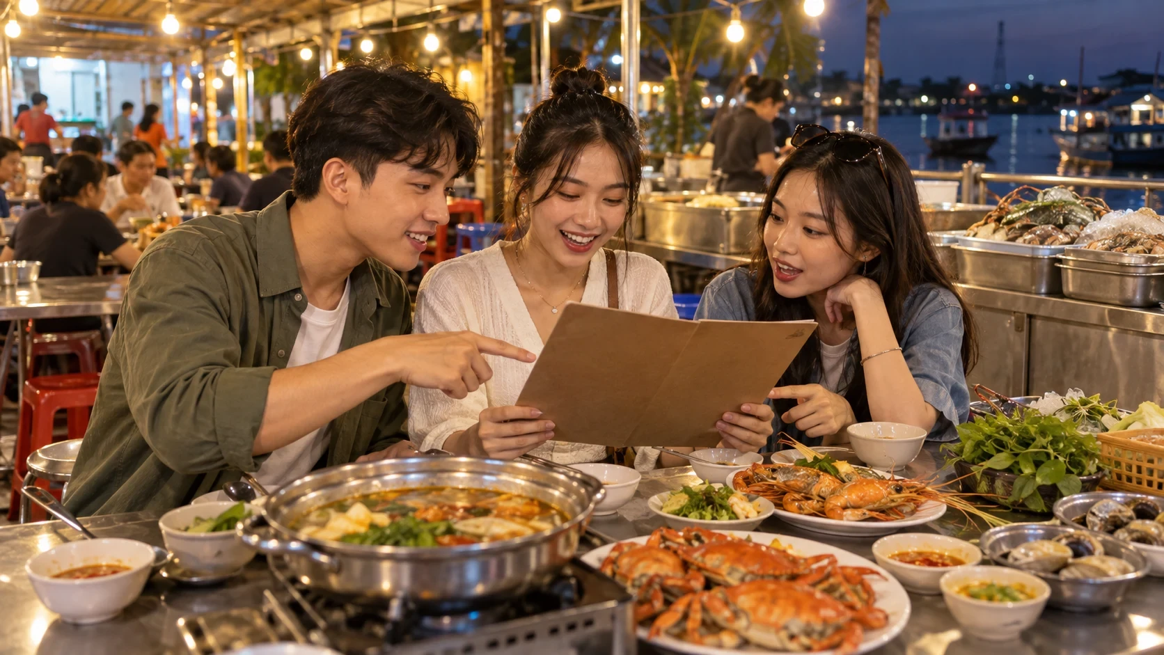 Nhóm bạn trẻ xem thực đơn bên bàn lẩu và hải sản trong quán ăn buổi tối
