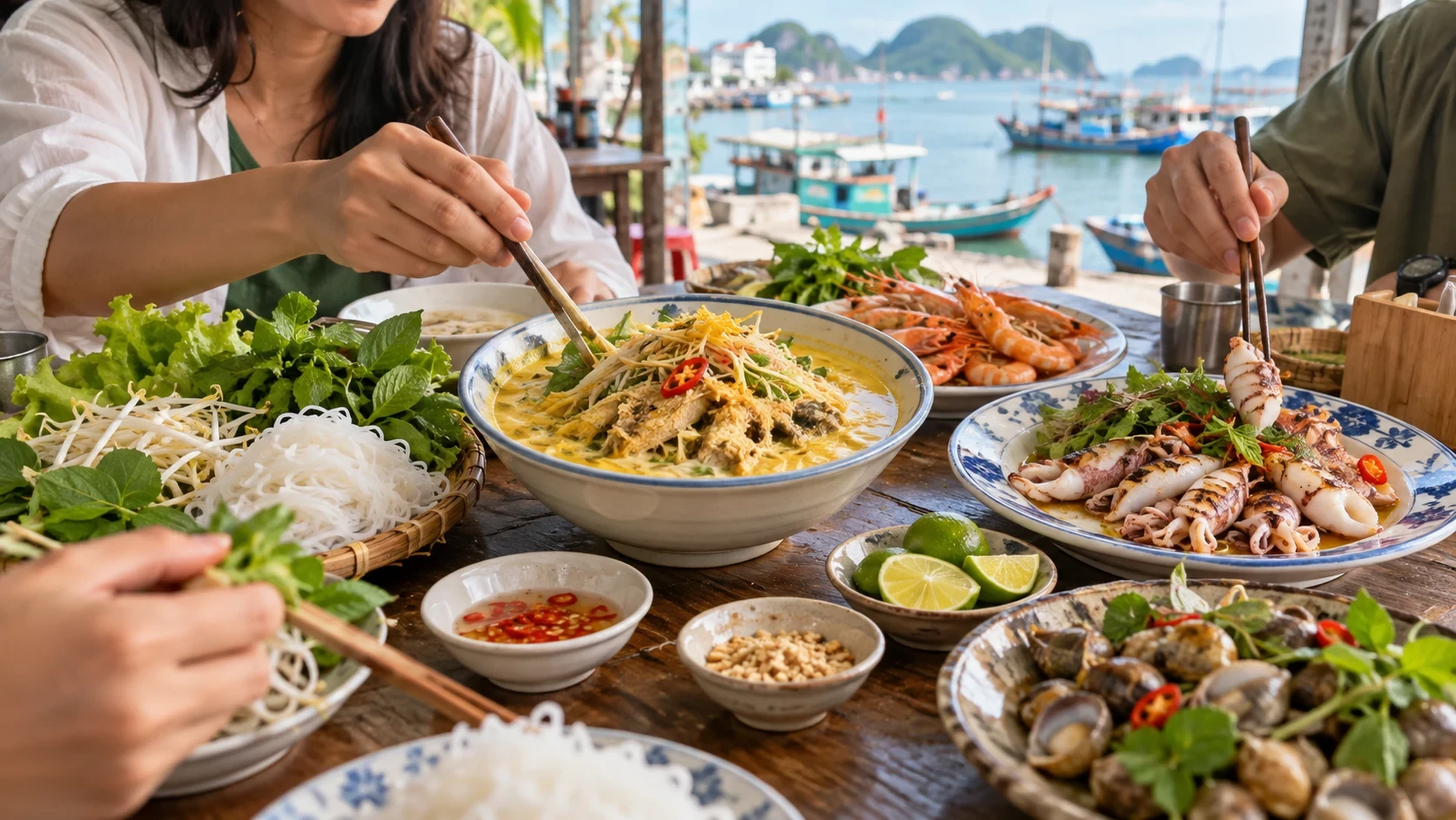Bàn ăn miền biển có món cá nấu nước cốt dừa, hải sản, rau và bún tươi