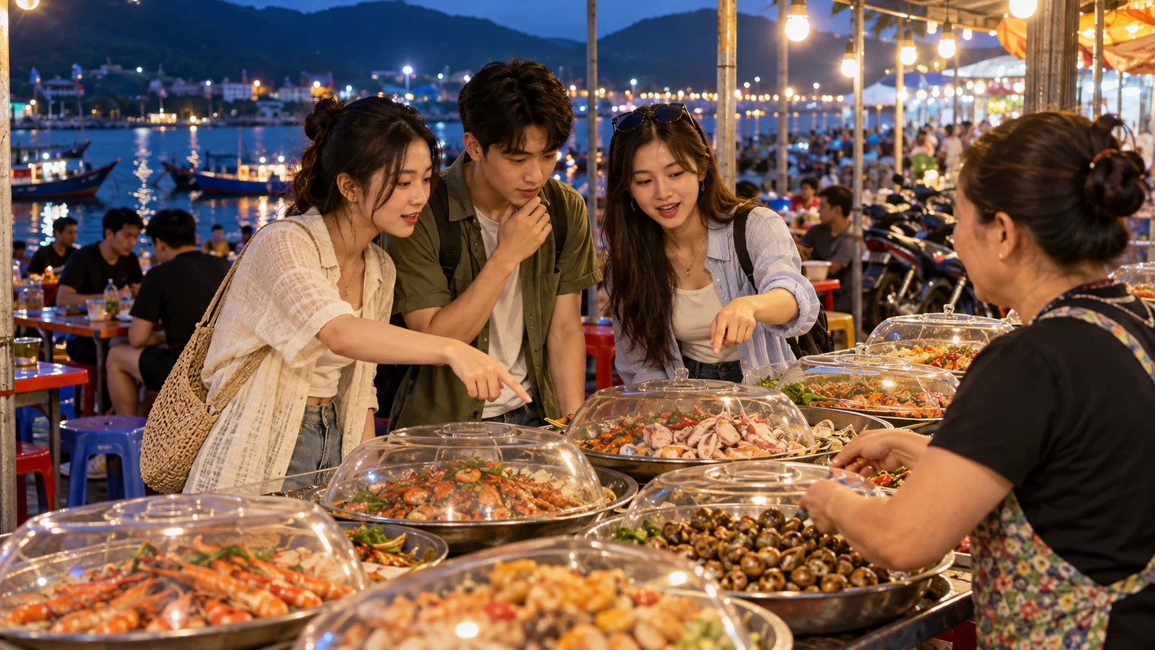 Nhóm bạn trẻ chọn các món hải sản tại khu ăn uống ven mặt nước buổi tối