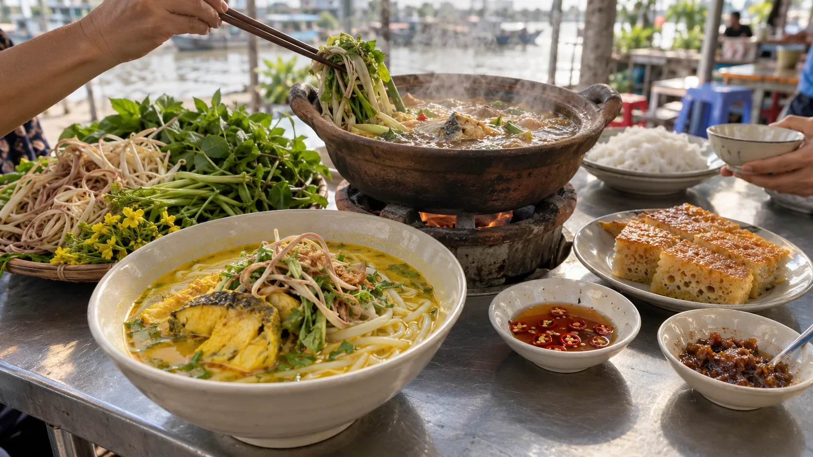 Bàn ăn minh họa với bún cá vàng nghệ, lẩu mắm, rau ăn kèm và bánh bò thốt nốt