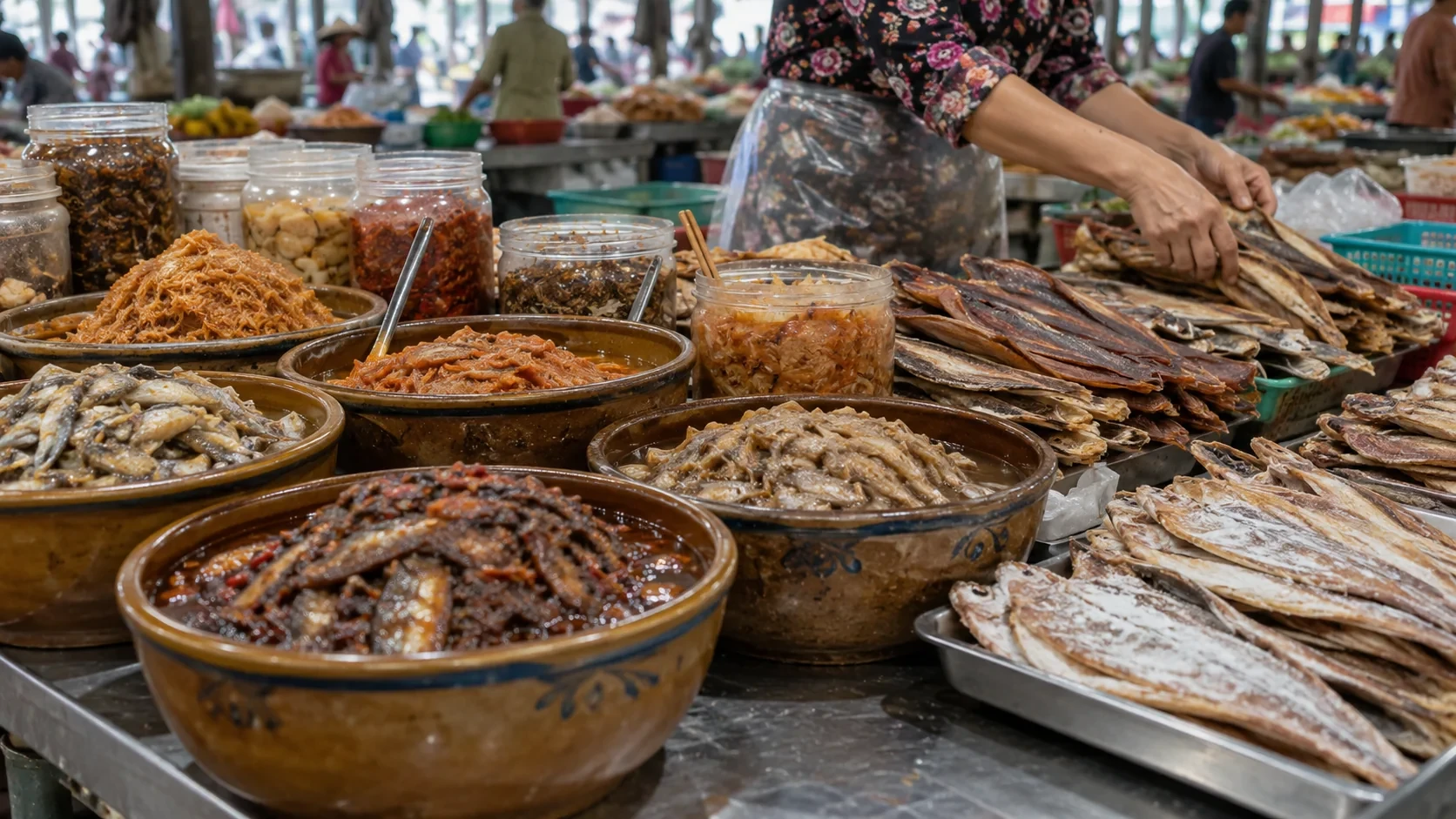 Các loại mắm cá và khô cá bày trên quầy chợ miền Tây, không có nhãn thương hiệu