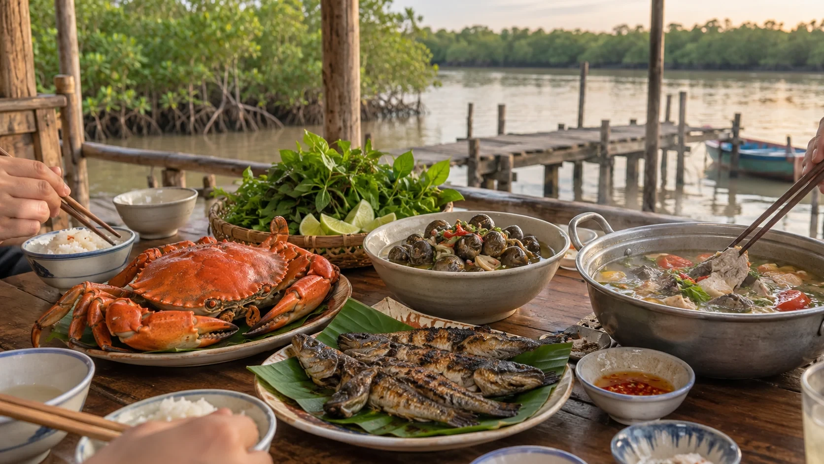 Mâm ăn minh họa với cua hấp, cá nướng, ốc len và canh chua bên rừng ngập mặn Đất Mũi