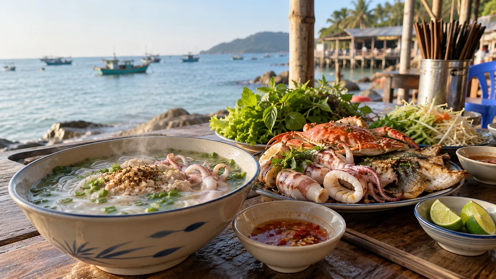Bàn ăn minh họa với một tô bún, cá, mực, ghẹ, rau và nước chấm bên bờ biển Phú Quốc