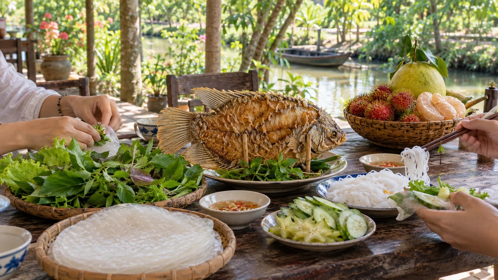 Mâm cá tai tượng chiên xù minh họa với bánh tráng, bún, rau và trái cây bên vườn sông nước Vĩnh Long