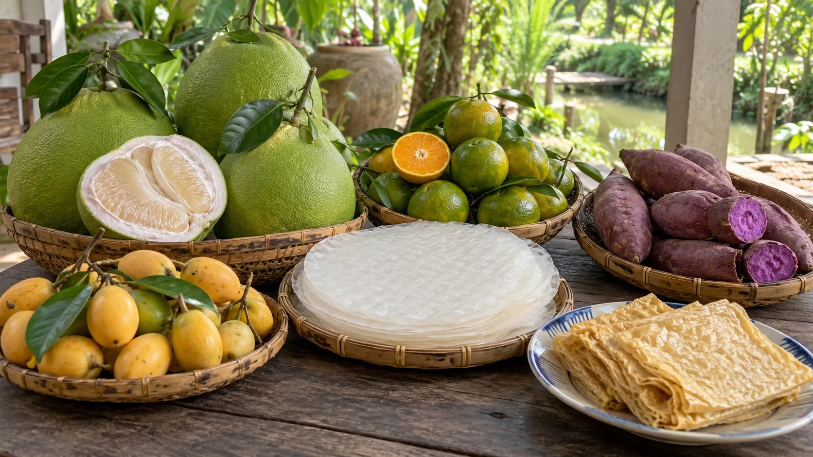 Bưởi, cam, thanh trà, khoai lang, bánh tráng và tàu hũ ky minh họa trên bàn vườn Vĩnh Long
