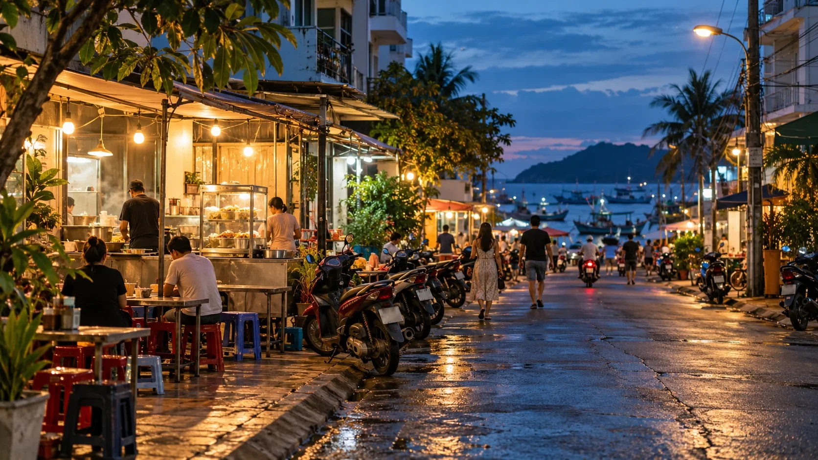 Phố ăn uống ven biển lúc chiều tối minh họa nhịp sinh hoạt quanh khu vực Dương Đông Phú Quốc