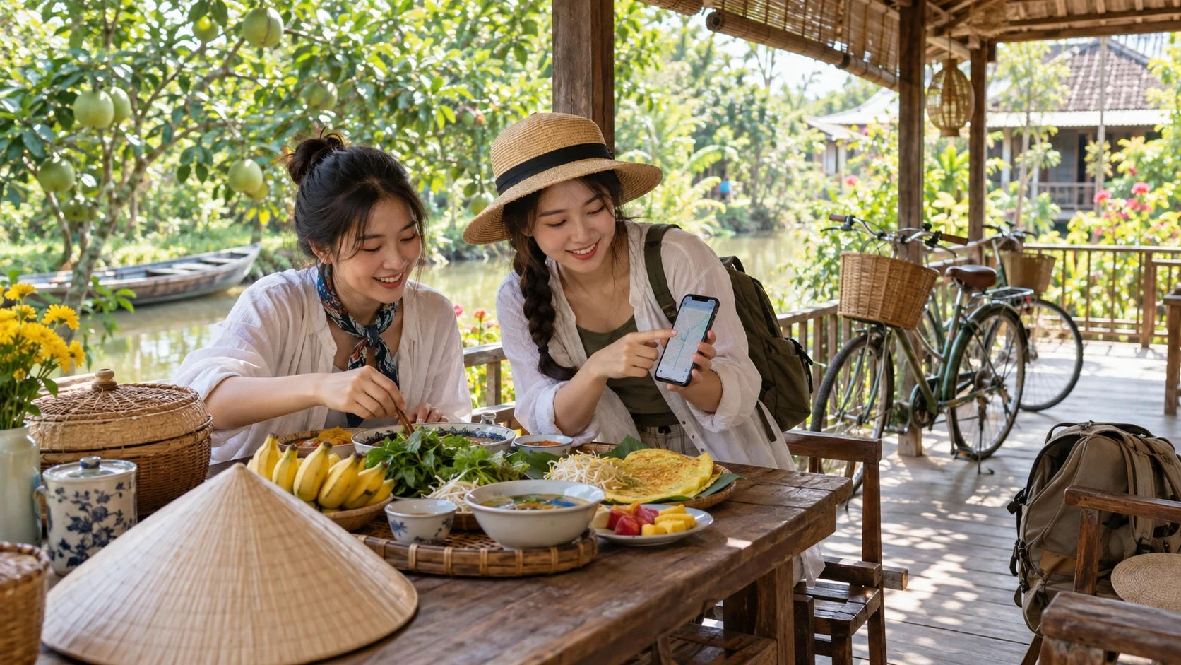 Hai bạn trẻ dùng bữa sáng và xem đường đạp xe tại hiên nhà giữa vườn cây
