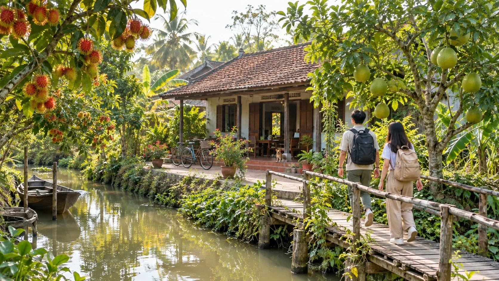 Nhà nghỉ miệt vườn bên con rạch nhỏ và vườn cây ăn trái xanh mát ở miền Tây