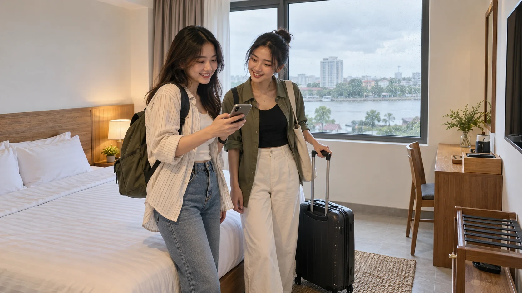 Hai bạn trẻ kiểm tra thông tin đặt phòng trong một phòng khách sạn sáng và gọn