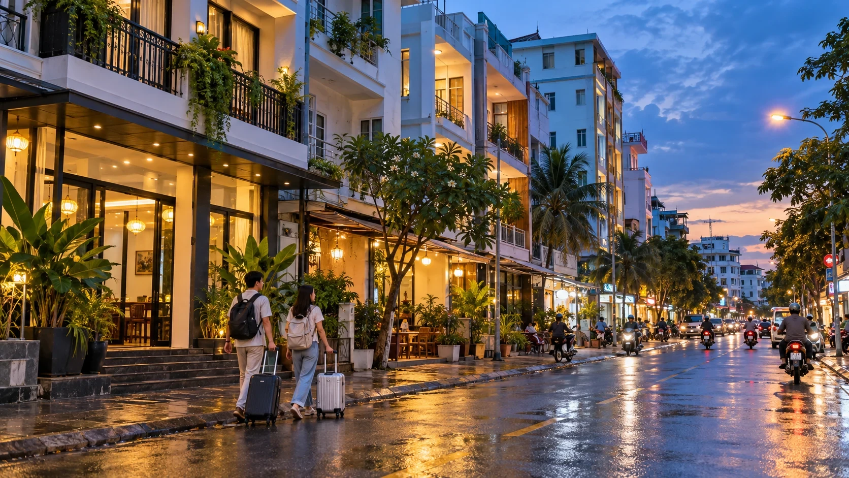 Phố có các tòa nhà lưu trú và người kéo hành lý sau cơn mưa ở miền Tây