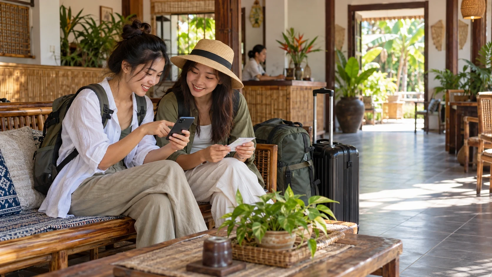 Hai bạn trẻ xem bản đồ và thông tin phòng tại sảnh lưu trú miền Tây
