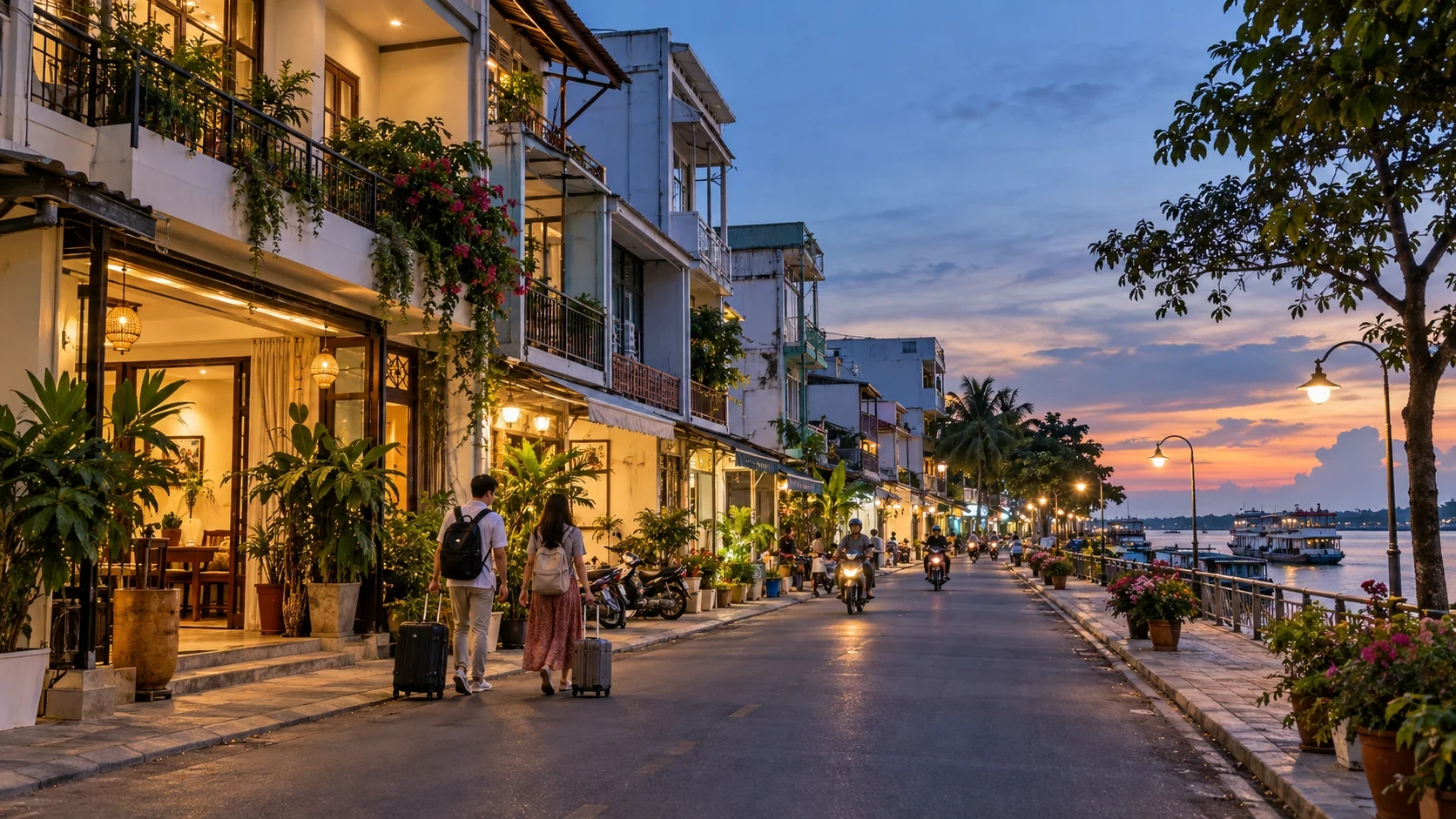 Dãy nhà lưu trú ven sông trong một đô thị miền Tây vào buổi tối