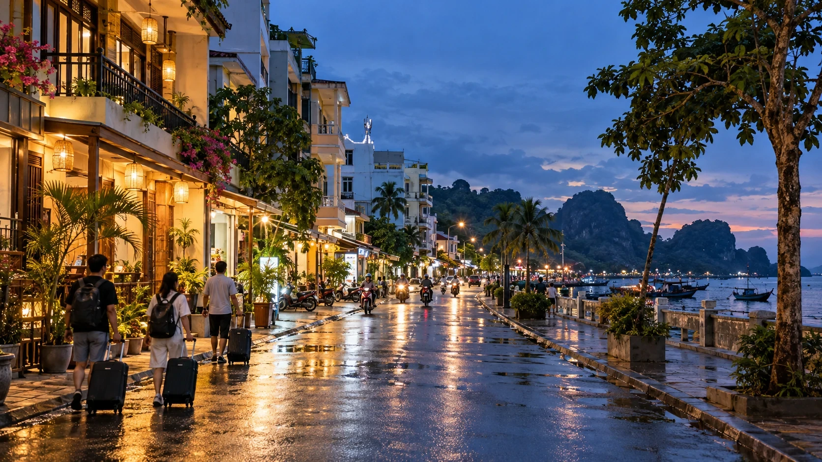 Phố lưu trú ven mặt nước lúc chạng vạng với du khách kéo hành lý sau mưa