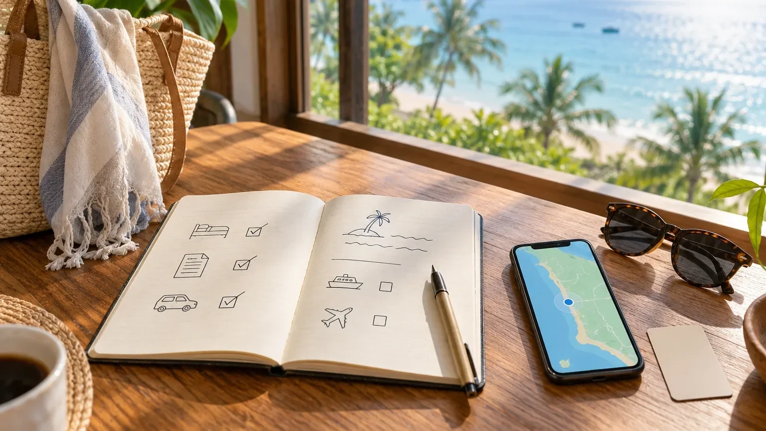 Sổ kế hoạch, điện thoại bản đồ và thẻ phòng không thương hiệu minh họa checklist đặt chỗ ở Phú Quốc