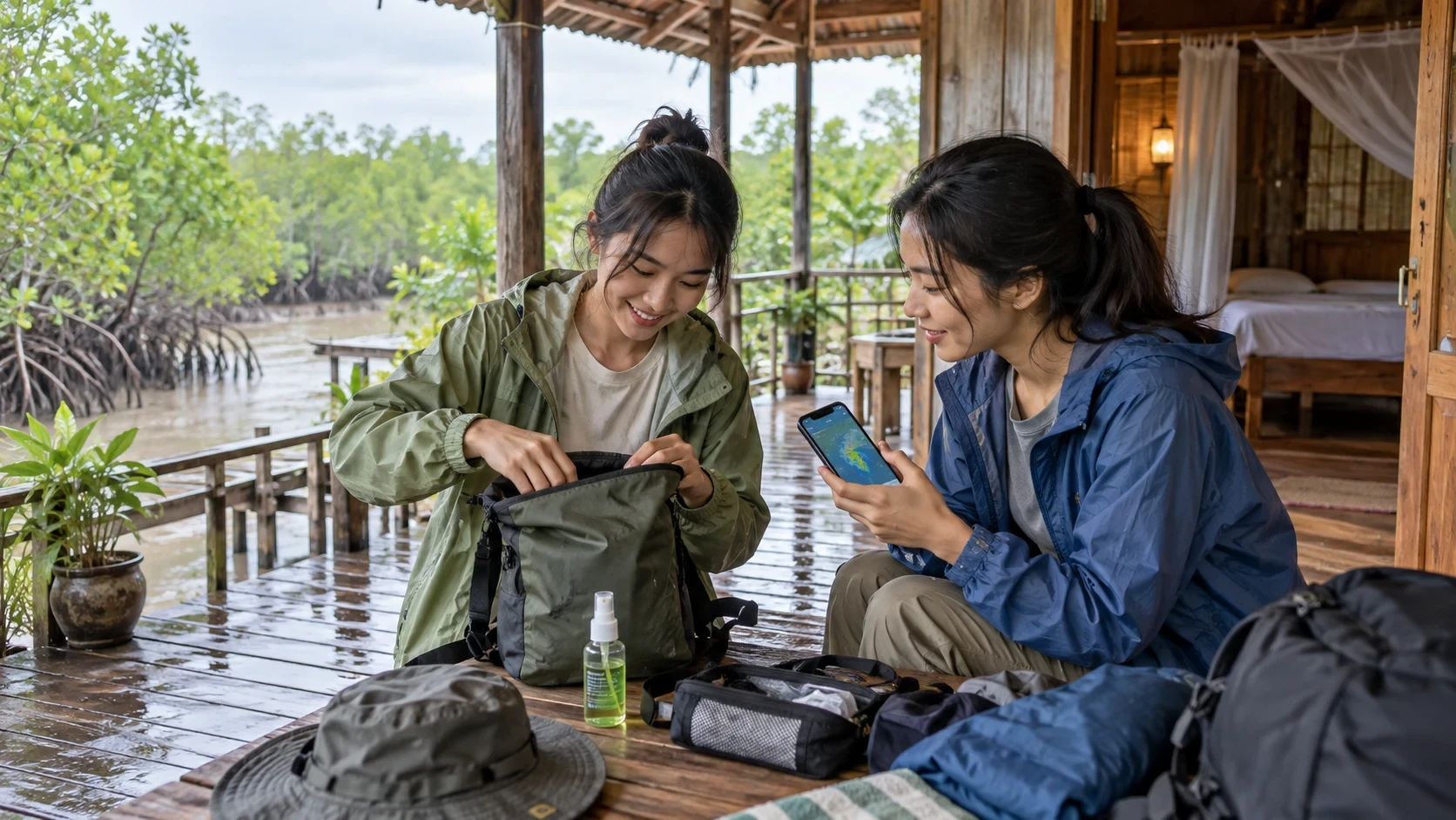 Hai bạn trẻ chuẩn bị đồ chống mưa và hành lý tại hiên nhà gần rừng ngập mặn