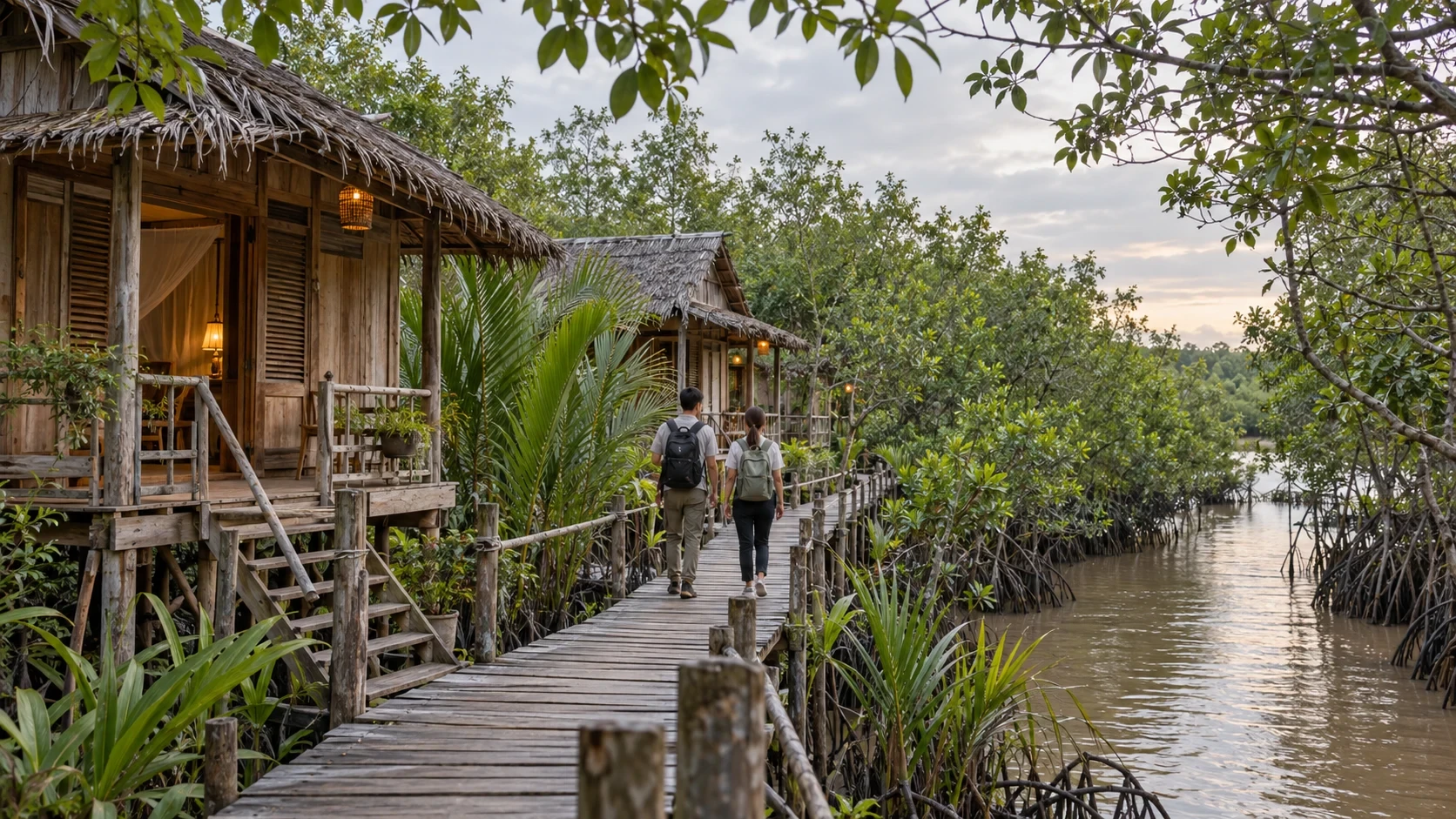 Khu lưu trú bằng gỗ bên lối đi giữa rừng ngập mặn miền Tây xanh mát