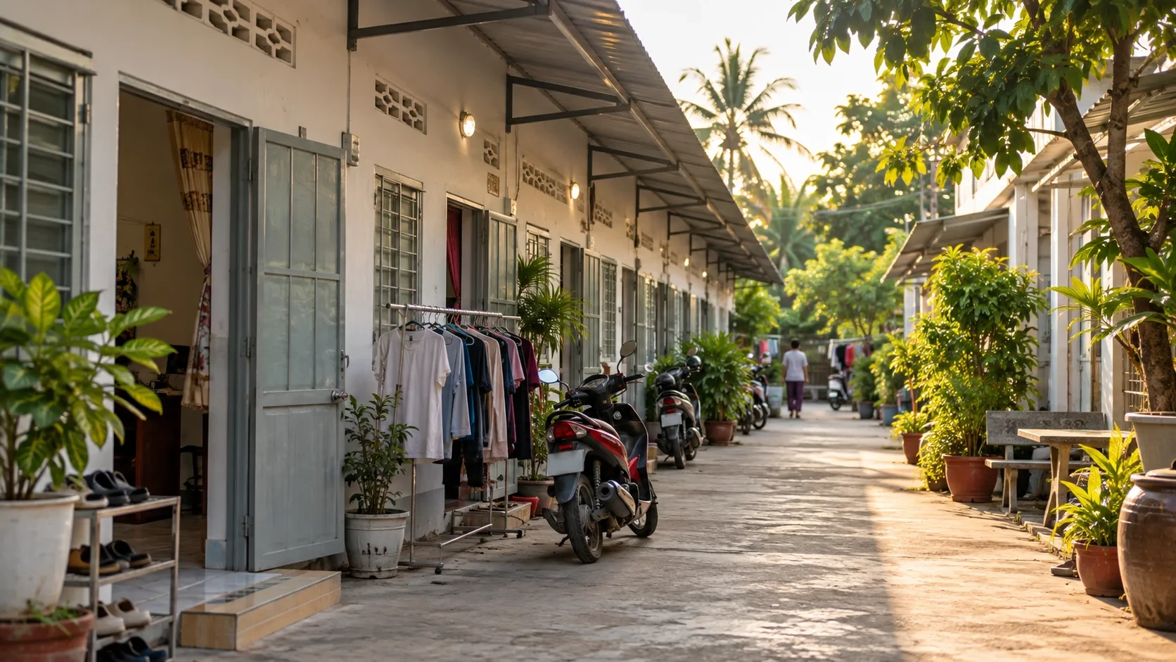Dãy phòng trọ thấp tầng có sân chung, xe máy và cây xanh trong khu dân cư miền Tây