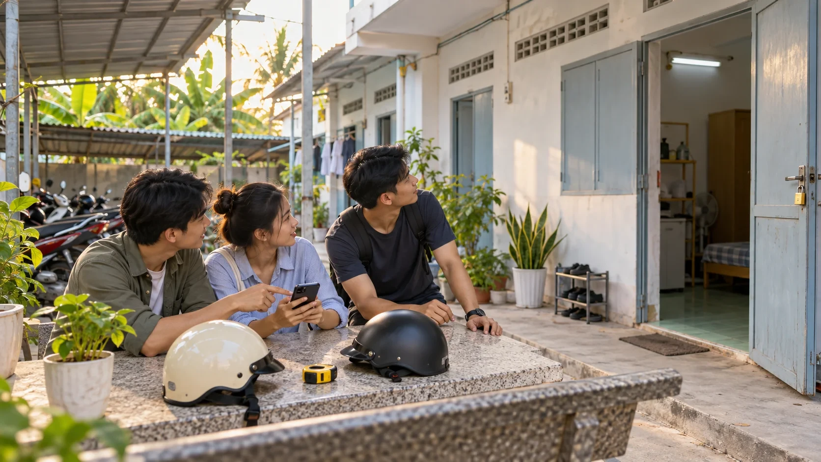 Nhóm người trẻ trao đổi trước một phòng trọ với mũ bảo hiểm và thước đo trên bàn
