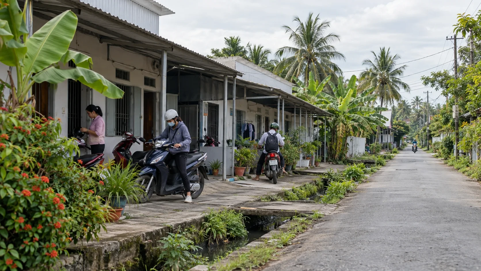 Khu phòng trọ thấp tầng cạnh đường dân sinh có xe máy và cây xanh ở miền Tây