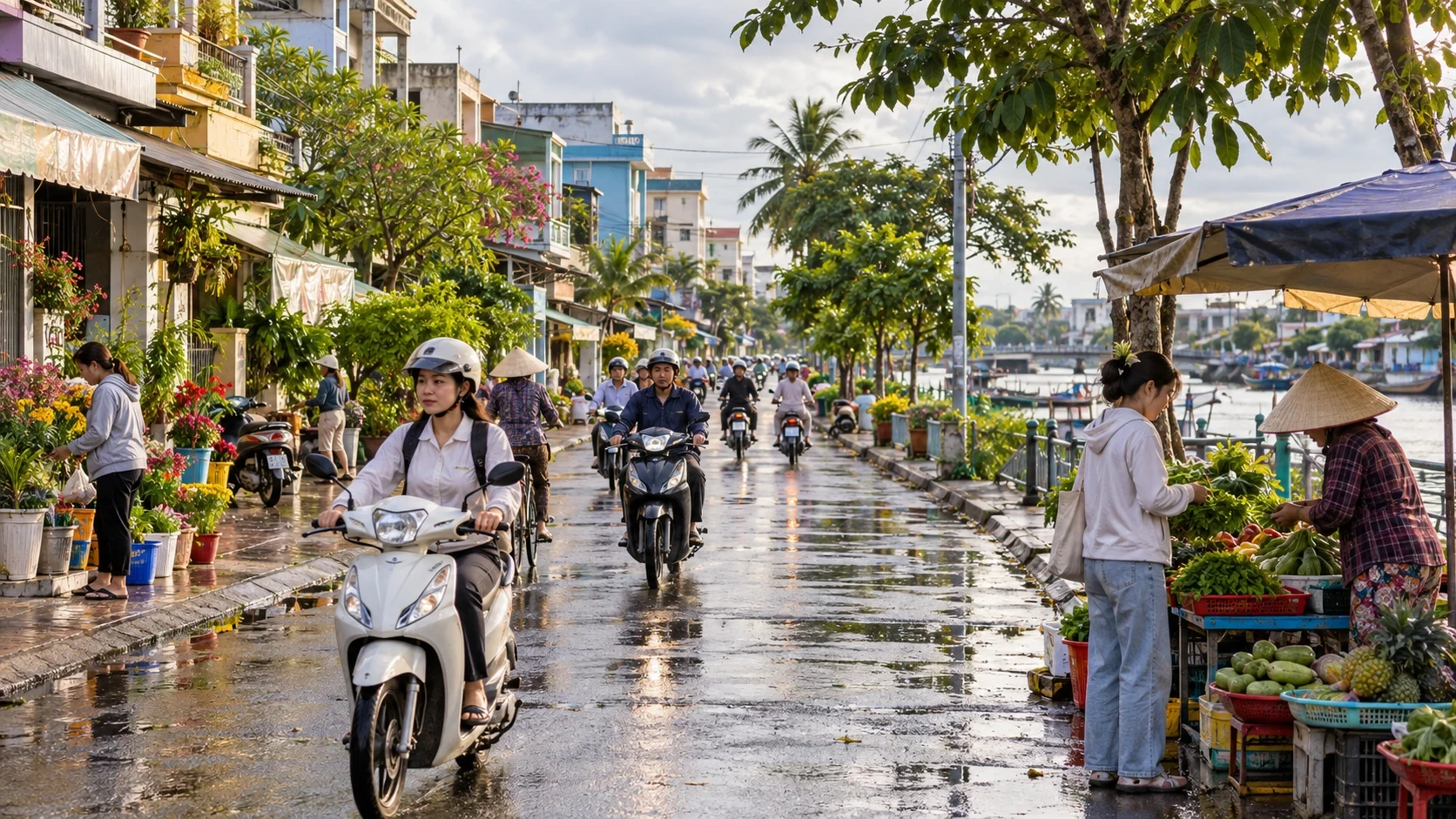 Phố đô thị miền Tây sau mưa có xe máy, nhà dân, hàng rau và kênh nước