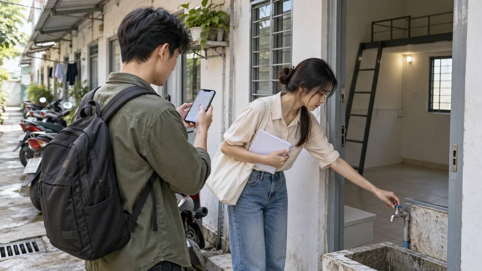 Hai người trẻ kiểm tra vòi nước, lối thoát và đường đi trước phòng thuê