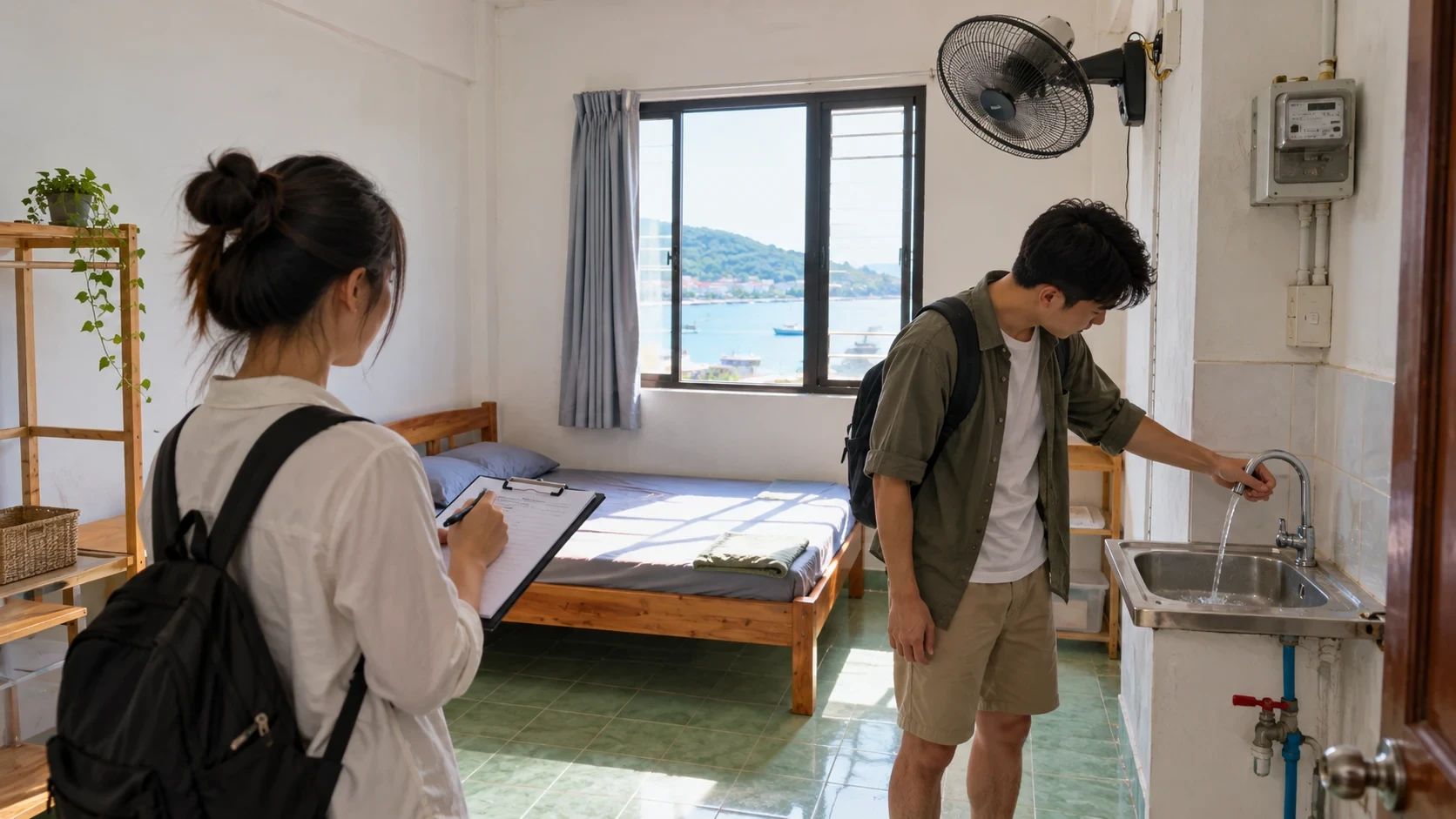 Hai người trẻ kiểm tra vòi nước, cửa sổ và đồng hồ điện trong phòng thuê