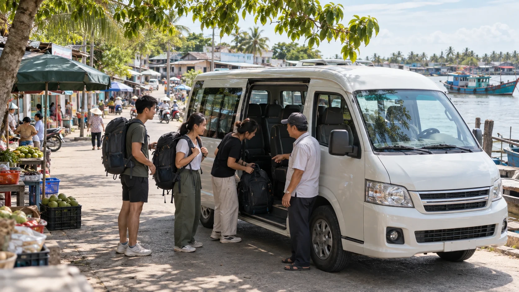 Nhóm khách trẻ nhận hành lý cạnh xe trung chuyển ở một khu phố ven sông miền Tây