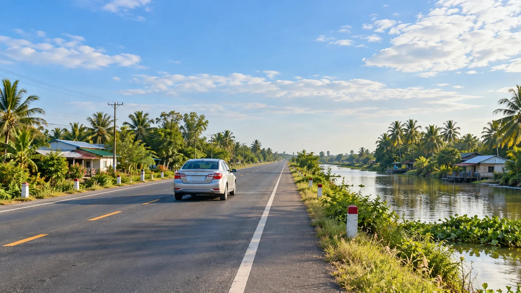 Ô tô chạy trên con đường hai làn cạnh kênh và nhà dân vùng Cà Mau