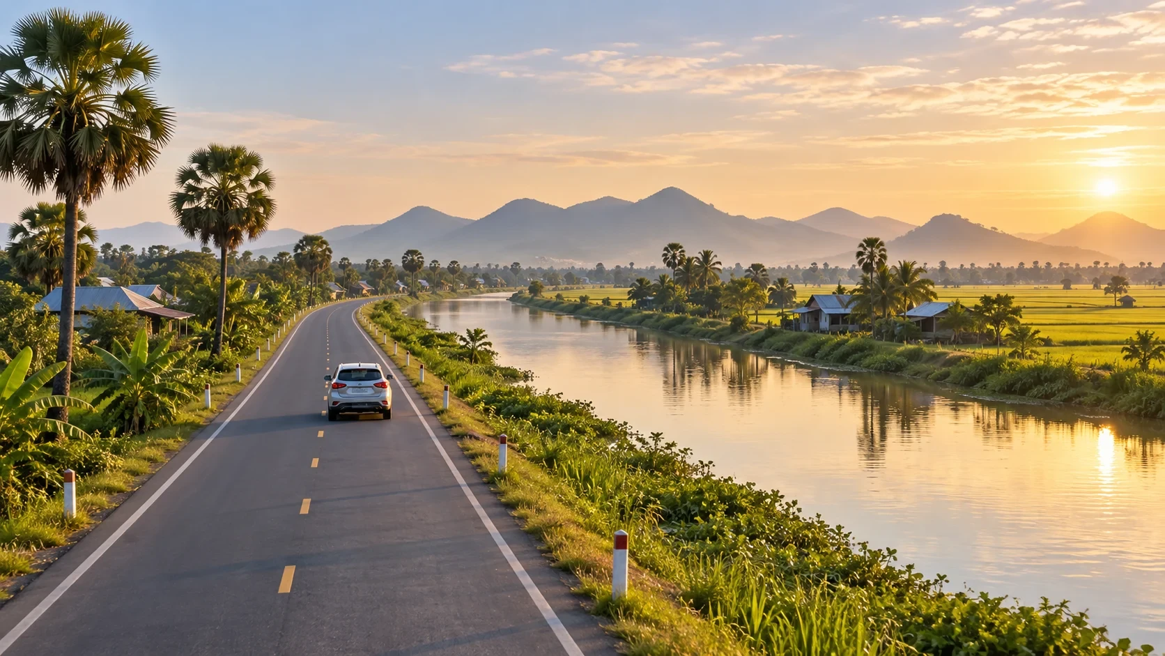 Ô tô chạy trên con đường cạnh kênh, đồng ruộng và dãy núi thấp vùng An Giang