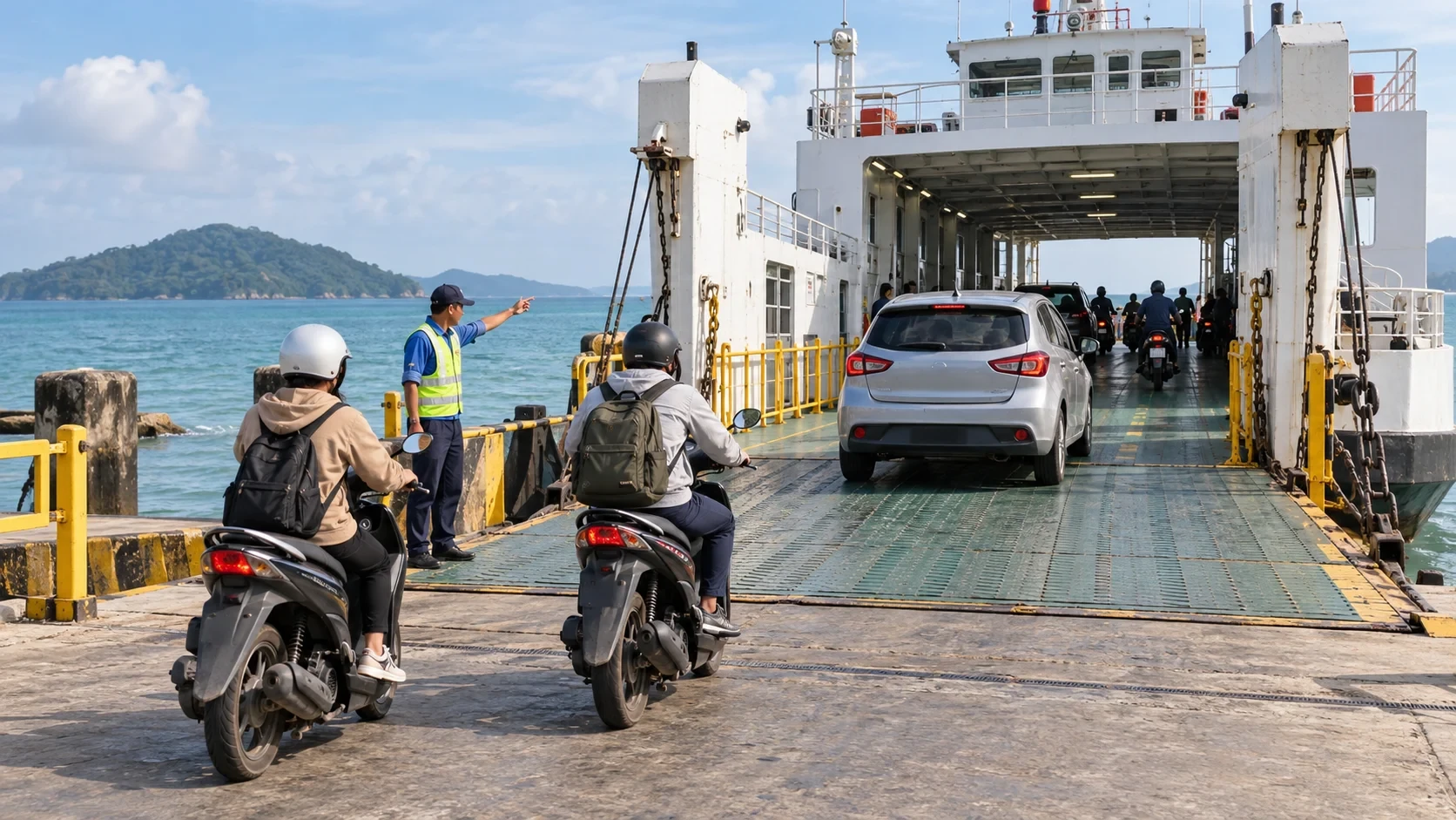 Ô tô và xe máy xếp hàng lên một chiếc phà không gắn thương hiệu tại bến biển minh họa