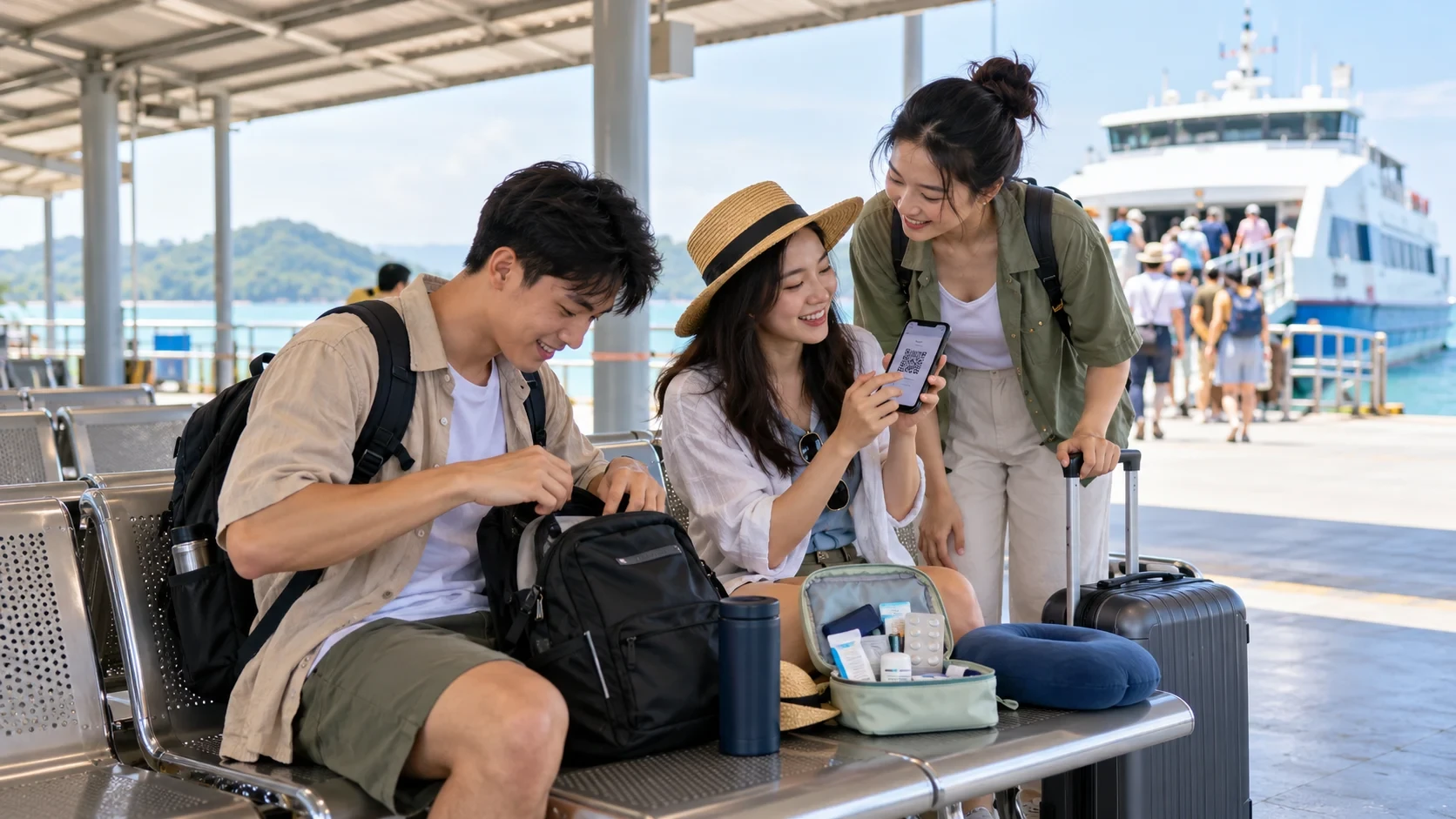 Nhóm bạn trẻ chuẩn bị hành lý và vé điện tử tại khu chờ bến tàu minh họa