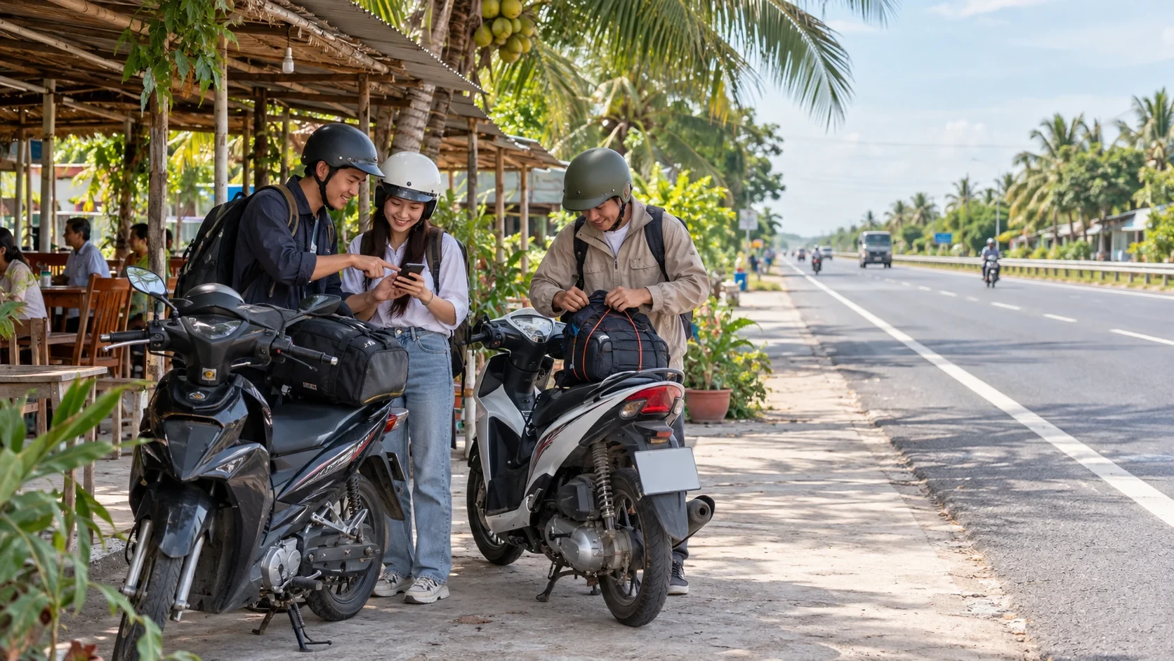 Nhóm bạn trẻ kiểm tra bản đồ và buộc hành lý tại điểm nghỉ ven đường