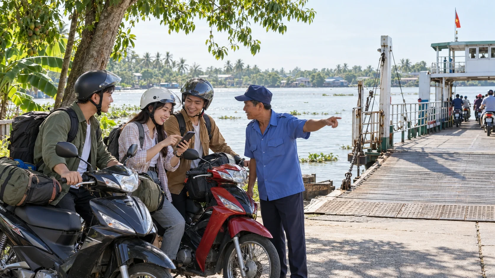 Nhóm bạn trẻ đi xe máy hỏi nhân viên hướng lên phà bên bờ sông miền Tây
